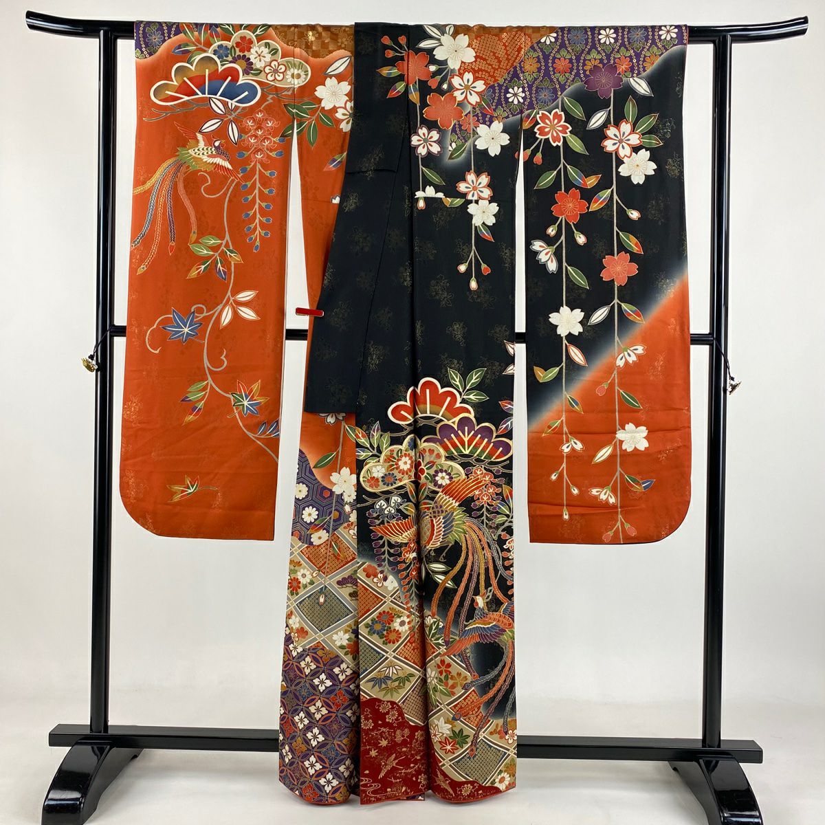 振袖禮服 身長162cm 袖長67cm M 雙層 鳳凰 笠松樹 金通 金絲 黑 純蠶絲 逸品級
