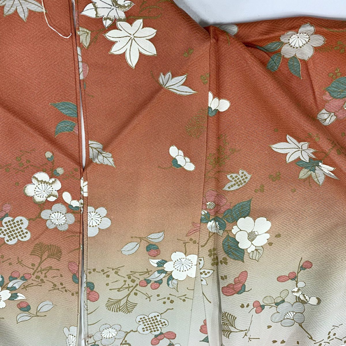 付下 身長164cm 袖長65cm M 雙層櫻花梅花金銀彩漸層茶純蠶絲 優品級