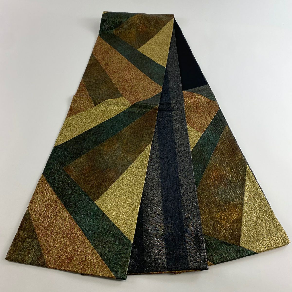 【美品】 袋帶 秀品級 幾何學 切嵌 金金箔 金茶 六通 純蠶絲