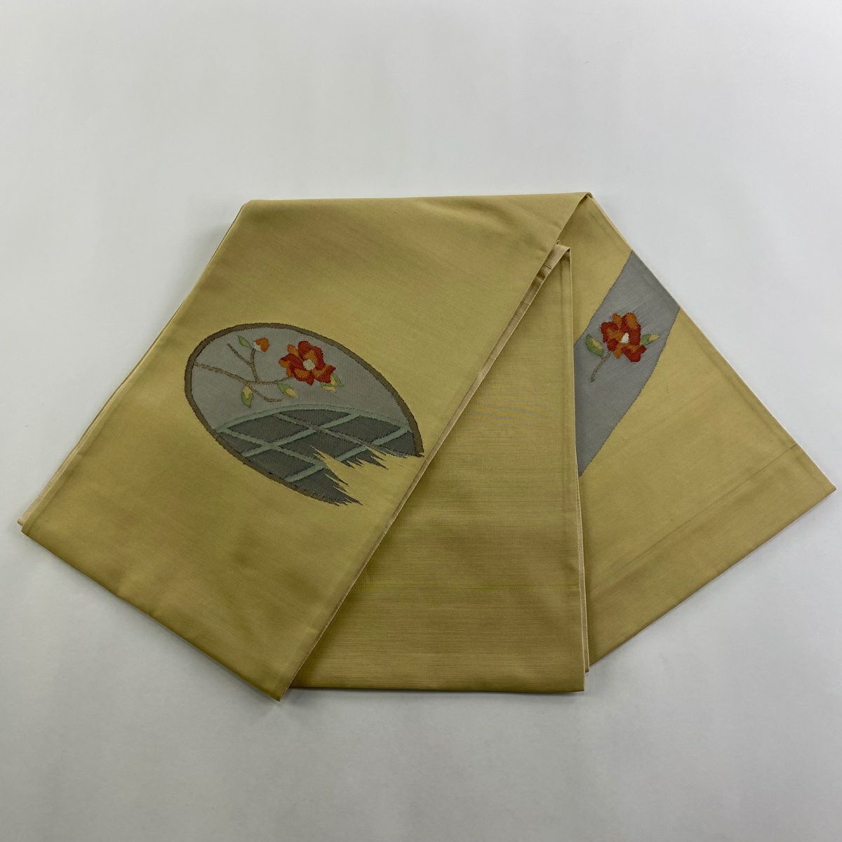 【美品】 袋帶 秀品級 草花紋幾何紋 金金箔 銀線 米色 大鼓圖案 純蠶絲