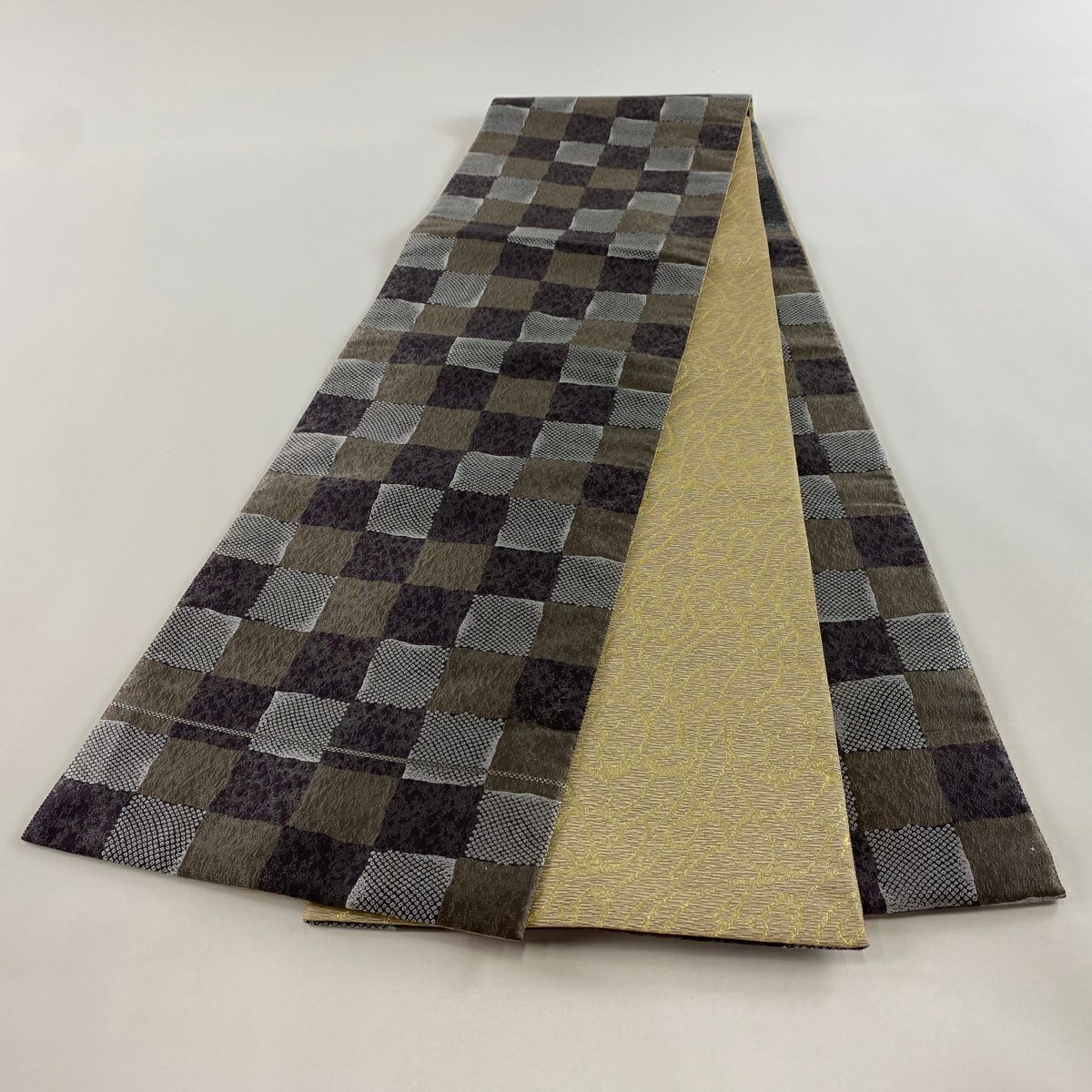 【庫存清倉】 【美品】 袋帶 名品級 雙面 市松樹 幾何學 銀線 金金箔 灰紫 六通 純蠶絲