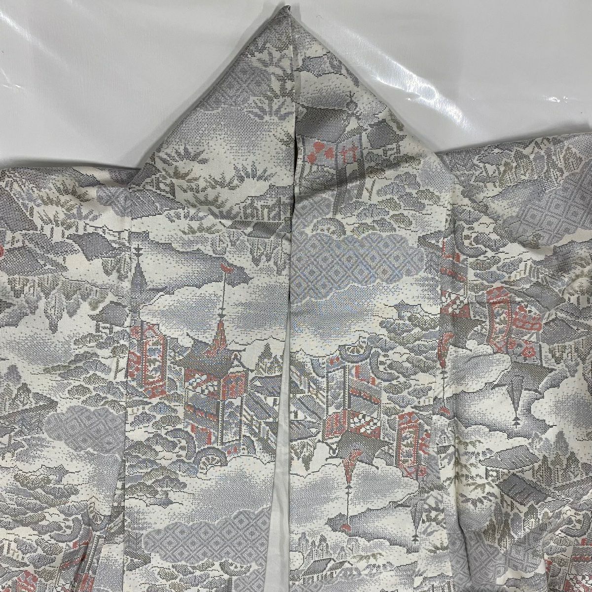 【美品】 紬織 身長157.5cm 袖長62cm S 雙層 山鉾 雲文 灰 純蠶絲 名品級