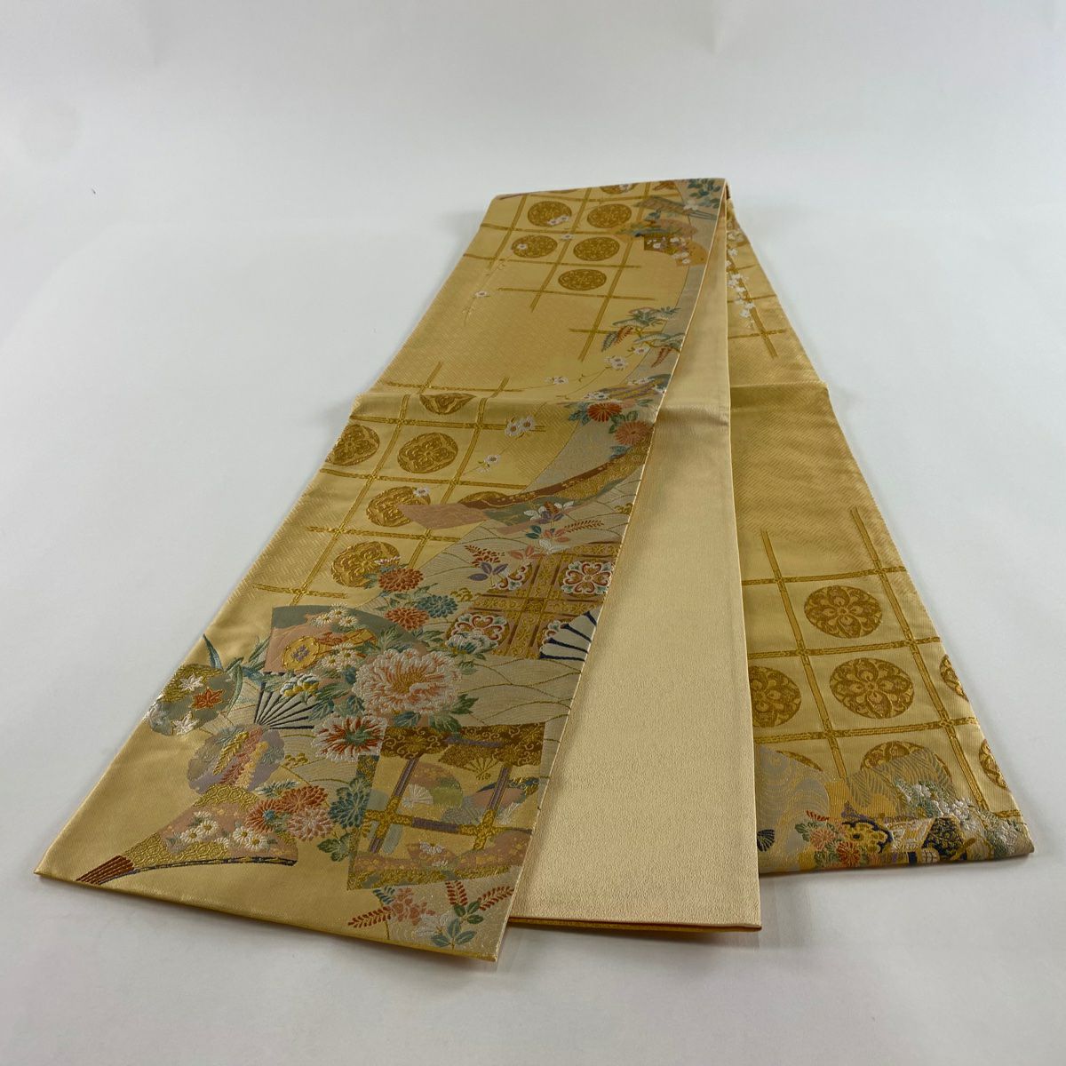 【庫存清倉】 【美品】 袋帶 名品級 扇子 草花紋 金糸 金金箔 淺橙色 大鼓圖案 純蠶絲