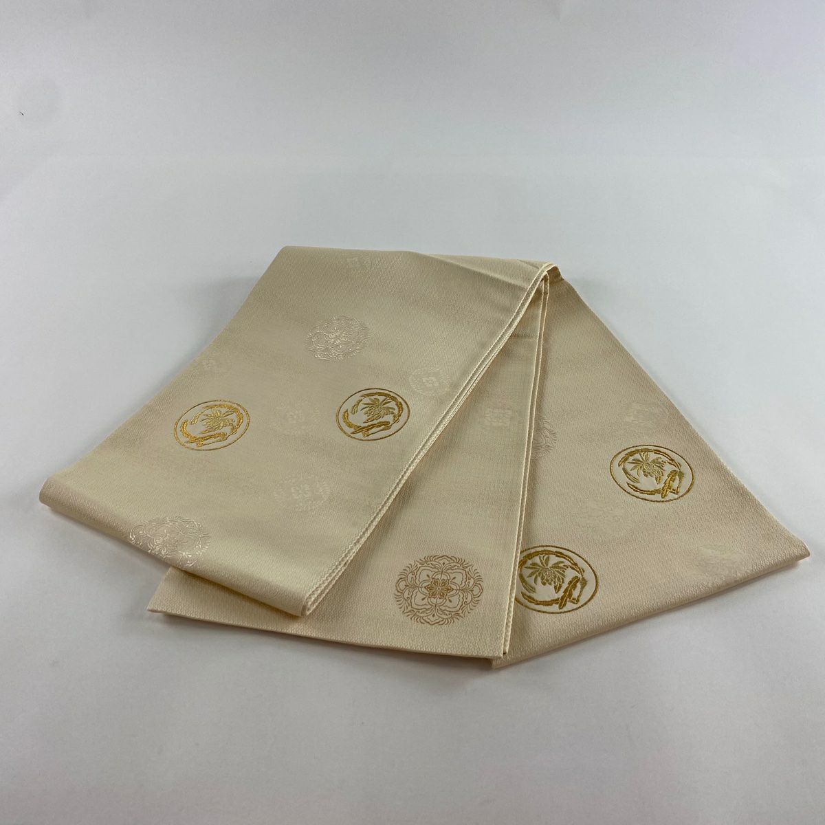 【庫存清倉】 【美品】 袋帶 名品級 圓文 草花紋 金絲 金金箔 米色 大鼓圖案 純蠶絲