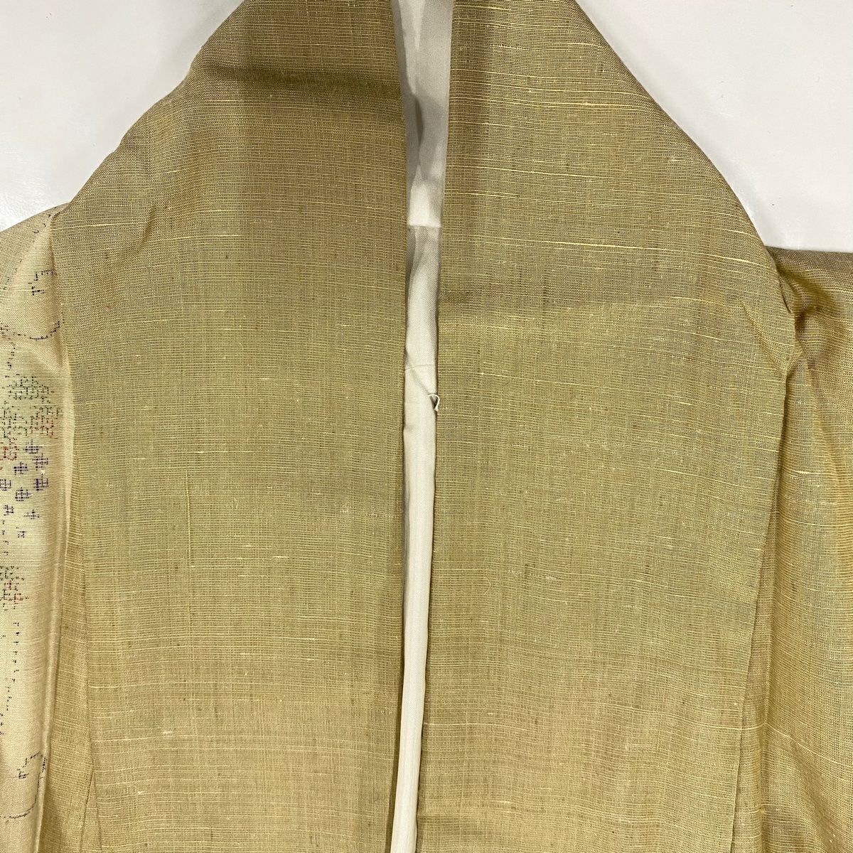 【美品】 紬織 身長161.5cm 袖長63cm S 雙層 葡萄唐草紋 縞紋 米色 純蠶絲 優品級