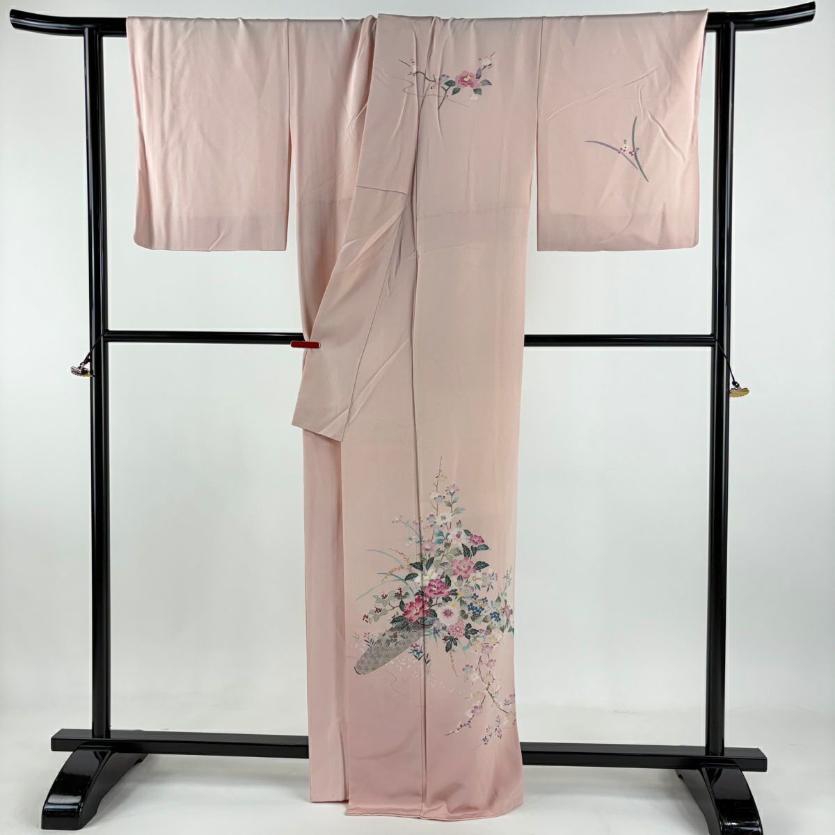 付下 身長163.5cm 袖長67.5cm L 雙層 岡本幸治 加賀友禪 落款 花籠 枝梅花 粉紅 純蠶絲 逸品級