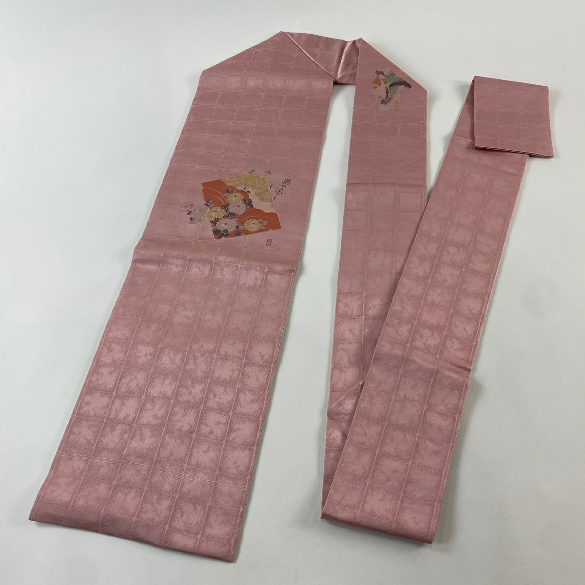 【美品】 名古屋帶 秀品級 色紙 菊花 銀線 粉色 純蠶絲