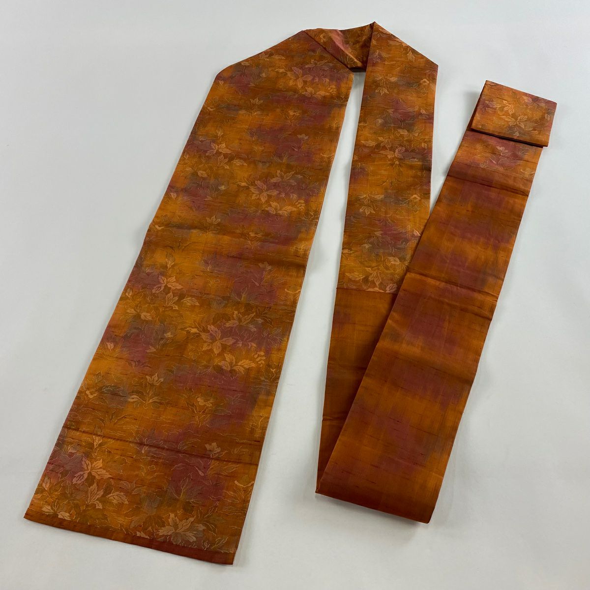 【美品】名古屋帶 優品級 關西仕立 紬織織 草花紋紋 橙色 純蠶絲