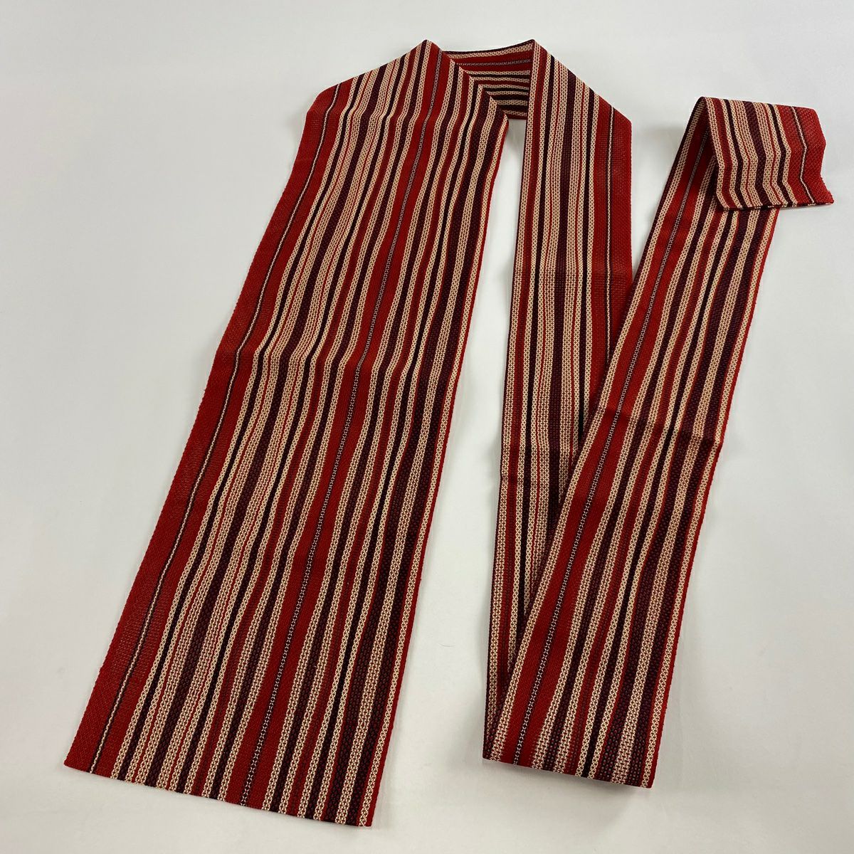 【美品】名古屋帶 優品級 紋理 斜條 紅 純蠶絲