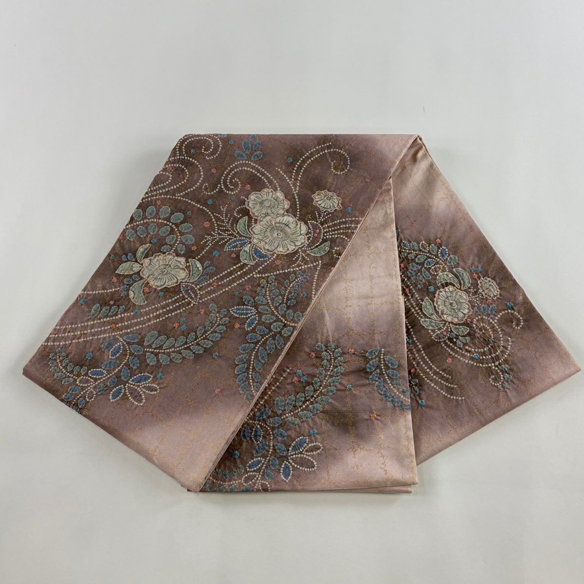 【庫存清倉】 【美品】 袋帶 名品級 辻花染 格子 金金箔 漸層 灰紫 大鼓圖案 純蠶絲