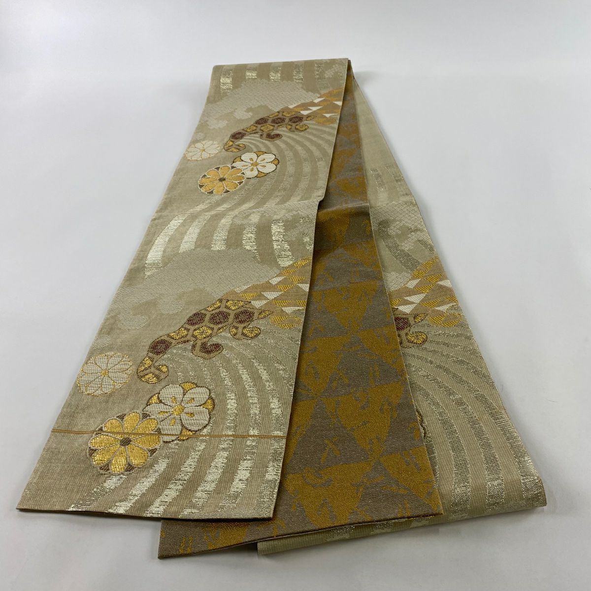 袋帶 秀品級 波頭 花 金金箔 米色 六通 純蠶絲