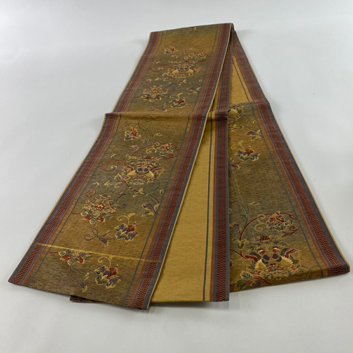 【美品】 袋帶 秀品級 向鳥 花唐草紋 金金箔 金絲 黃土色 六通 純蠶絲