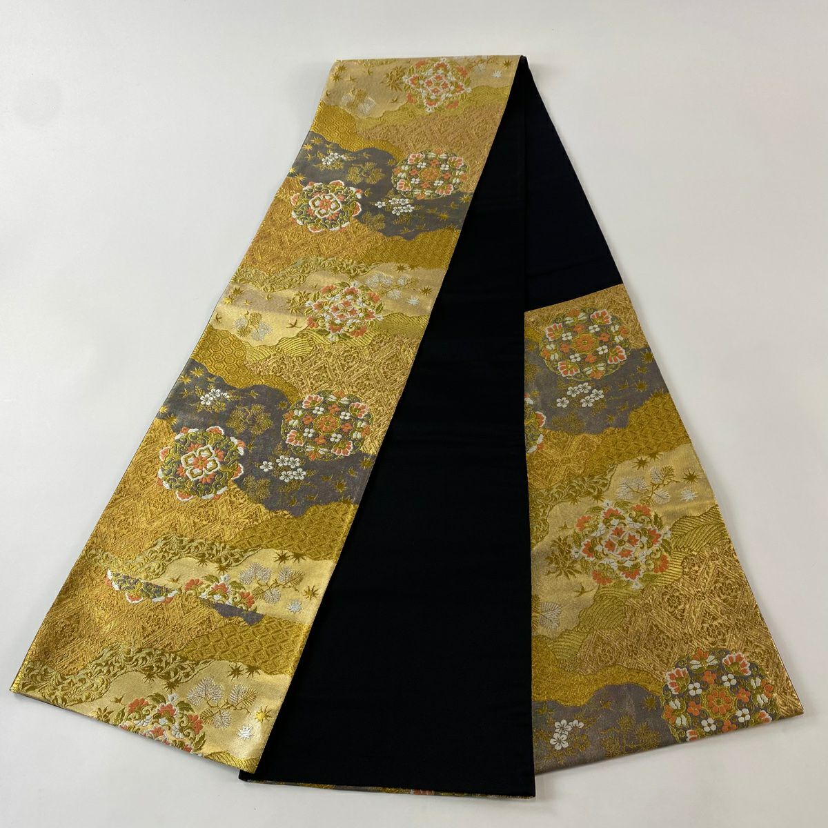 【美品】 袋帶 秀品級 華紋 有職文樣 金絲 金金箔 金色 六通 純蠶絲