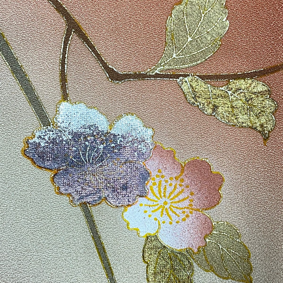 訪問服 身長155cm 袖長64cm M 雙層 枝花 金銀彩 螺鈿 鮭粉色 純蠶絲 秀品級