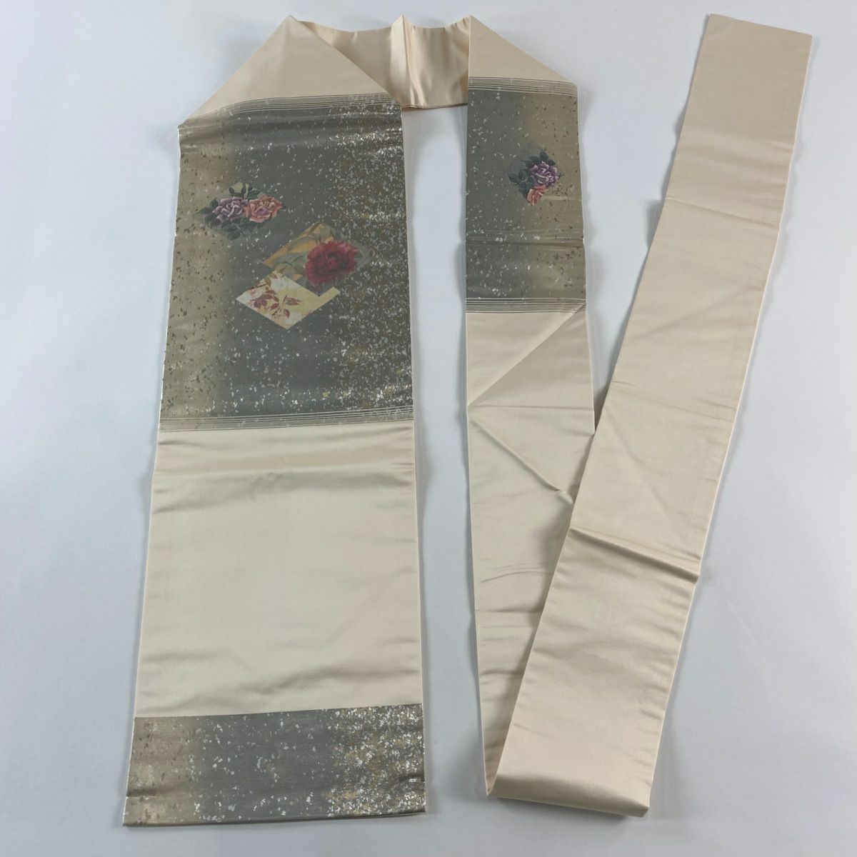 【美品】 名古屋帶 秀品級 草花紋紋 菱紋 金金箔 螺鈿金金箔 奶油色 純蠶絲