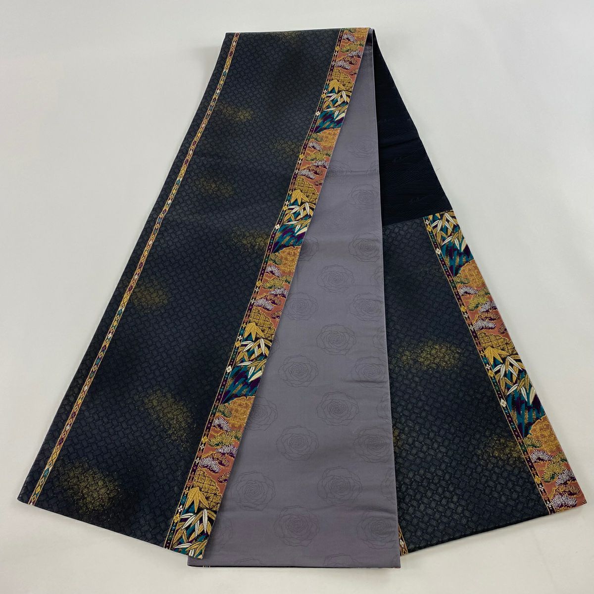 【庫存清倉】 【美品】 袋帶 名品級 松樹 笹 金糸 金金箔 墨 深藍 六通 純蠶絲