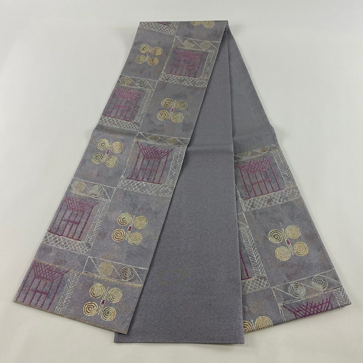 【美品】 袋帶 逸品級 落款あり 帝王紫 關西裁縫 幾何學 金金箔 淺紫 六通 純蠶絲