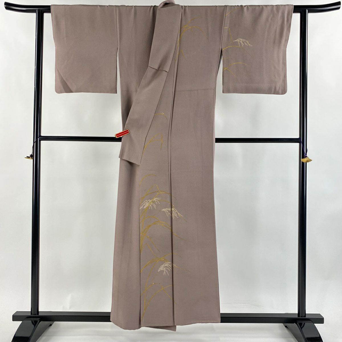 付下 身長154.5cm 袖長63.5cm S 雙層 千總 有落款 蘆葦 花筏 金銀彩 金絲 淺小豆 純蠶絲 逸品級 一個紋