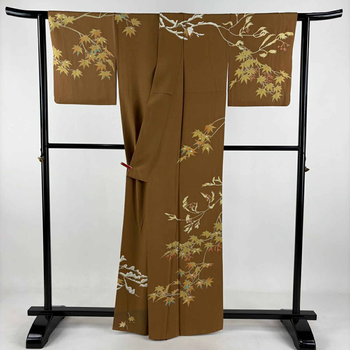 【美品】訪問服 身長161cm 袖長64cm M 雙層 由水煌人 落款あり 紅葉 茶 純蠶絲 逸品級 一つ紋