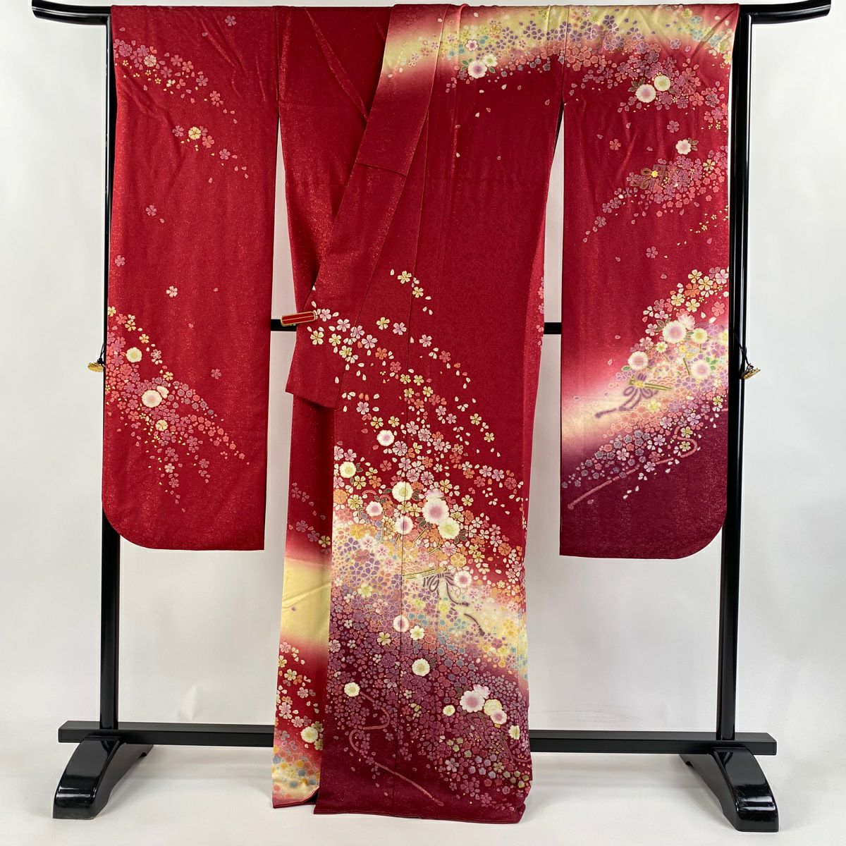 【美品】振袖禮服 身長170.5cm 袖長68cm L 雙層 櫻花 金通 金銀彩 茜 純蠶絲 逸品級