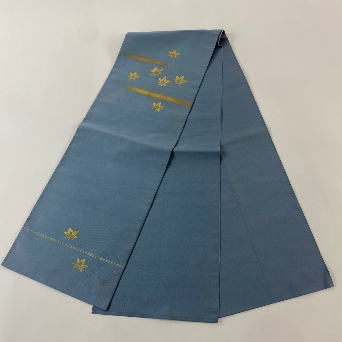 名古屋帶 逸品級 人間國寶 森口華弘 落款 八寸名古屋帶 楓 霞 金銀彩 青灰 純蠶絲