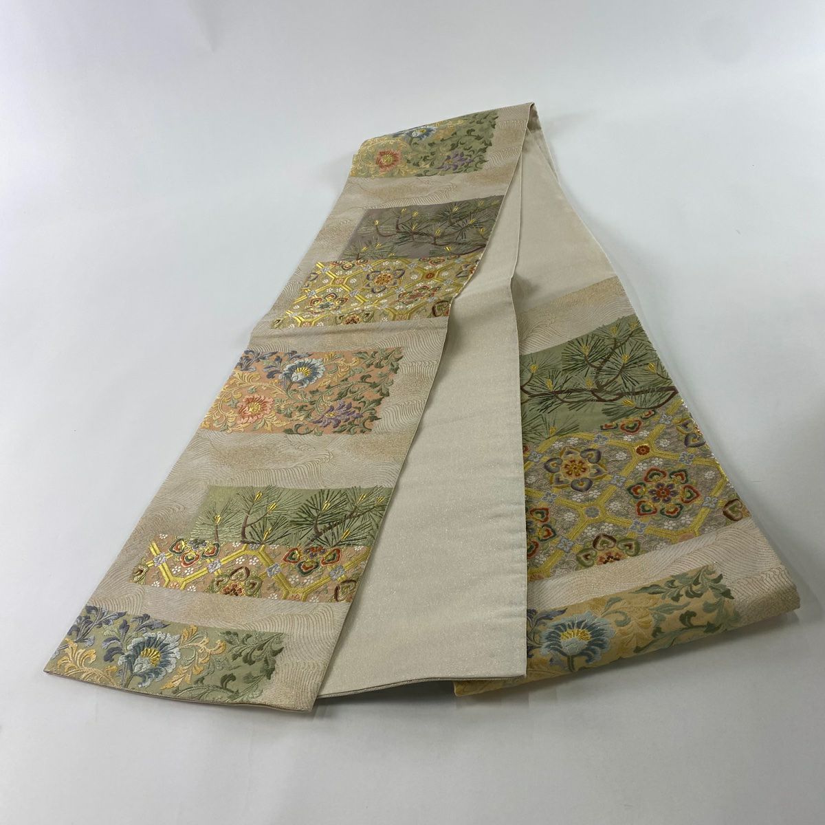 袋帶 秀品級 蜀江華紋 松樹 金絲 刺繡 米色 六通 純蠶絲