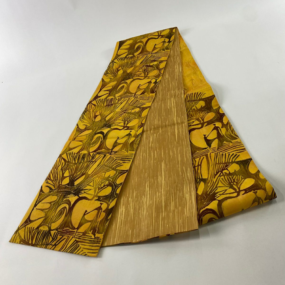 【美品】 袋帶 秀品級 樹木 山吹 深藍 六通 純蠶絲