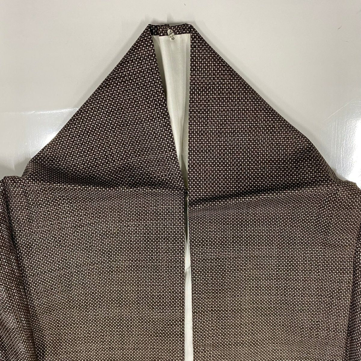 【美品】 紬織 身長157cm 袖長62cm S 雙層 垂直條紋 幾何圖案 茶 純蠶絲 優品級