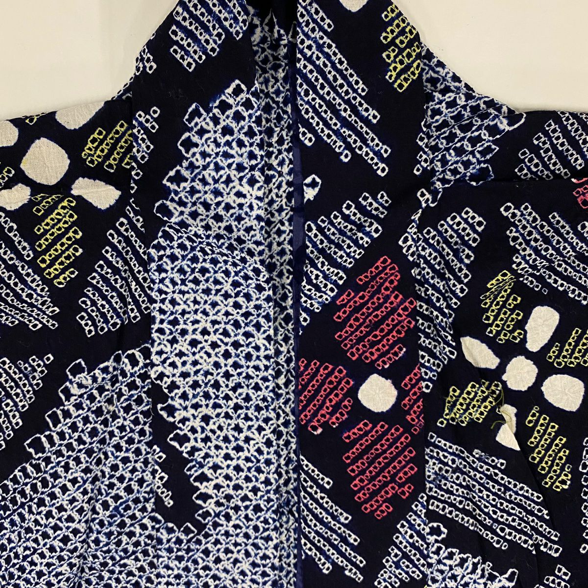 【美品】 浴衣 身長155cm 袖長64cm M 絞染浴衣 七寶紋 花菱 深藍 棉 名品級