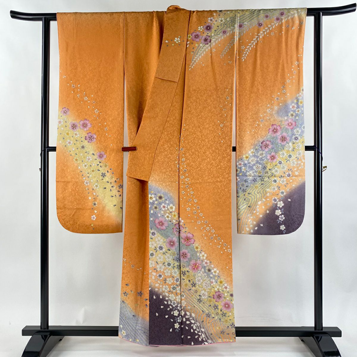 【美品】振袖禮服 身長156cm 袖長64.5cm M 雙層 櫻花花瓣 銀通金絲 橙色 純蠶絲 逸品級