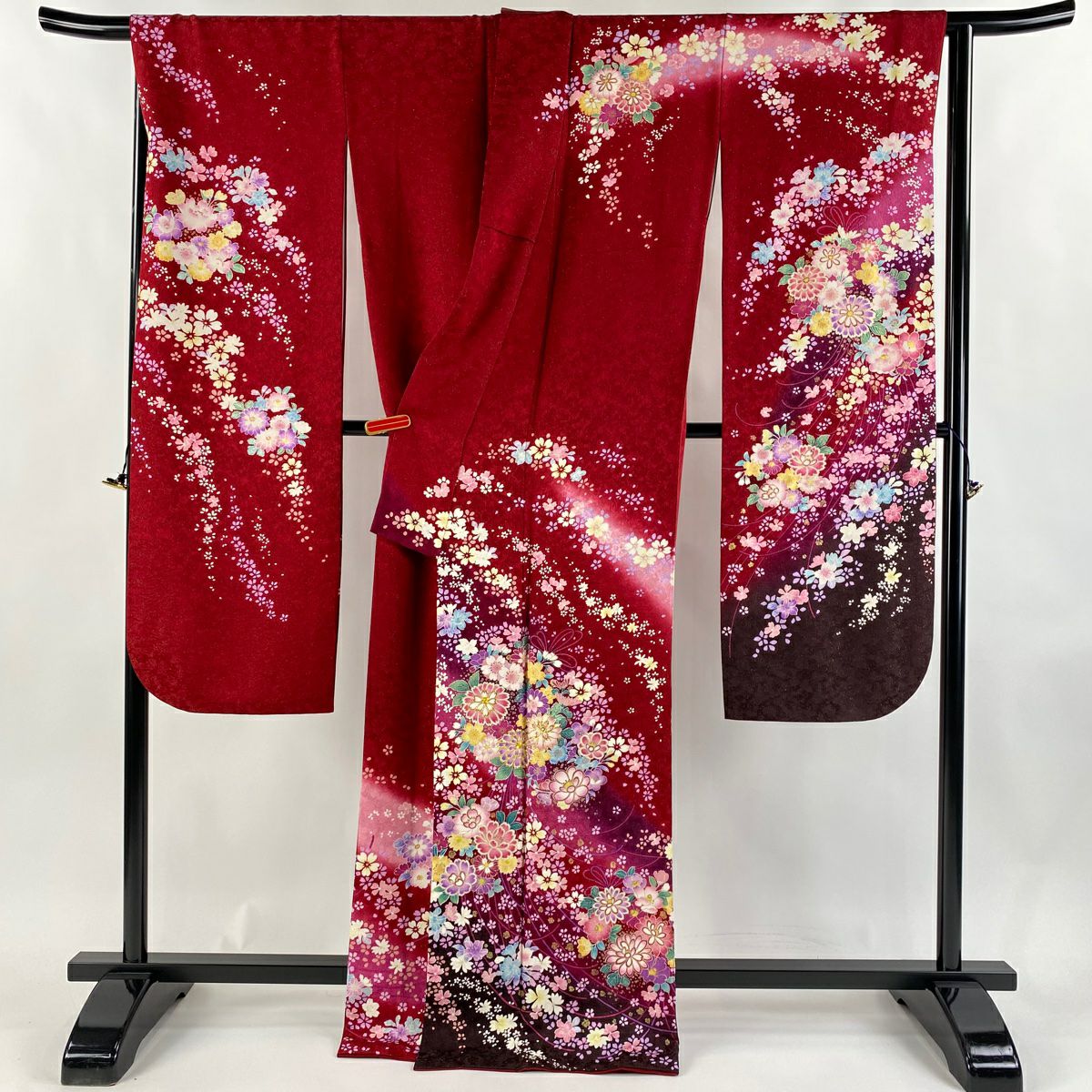 【美品】振袖禮服 身長167.5cm 袖長66cm M 雙層 花束 組紐 金糸 金通し 紅 純蠶絲 逸品級