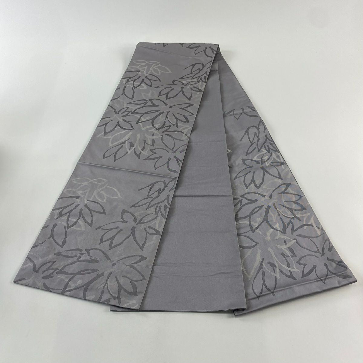 【美品】 袋帶 優品級 紬織織 葉紋 灰紫 六通 純蠶絲