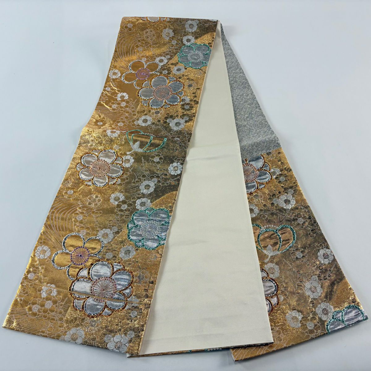 【美品】 袋帶 秀品級 梅花 金絲 金金箔 金 六通 純蠶絲