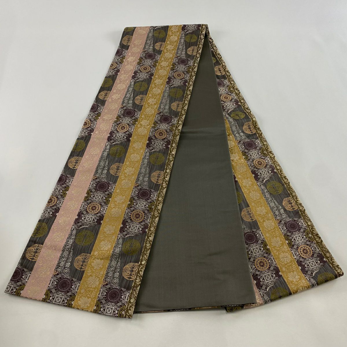 【庫存清倉】 【美品】 袋帶 名品級 向鳥 華紋 灰 深藍 六通 純蠶絲