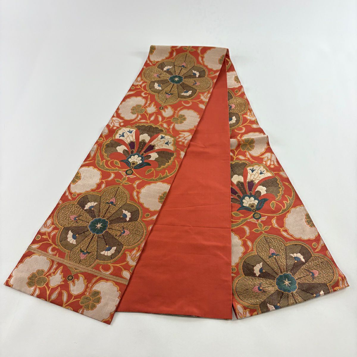 袋帶 逸品級 洛風林 落款 草花紋 金絲 刺繡 朱 全通 純蠶絲