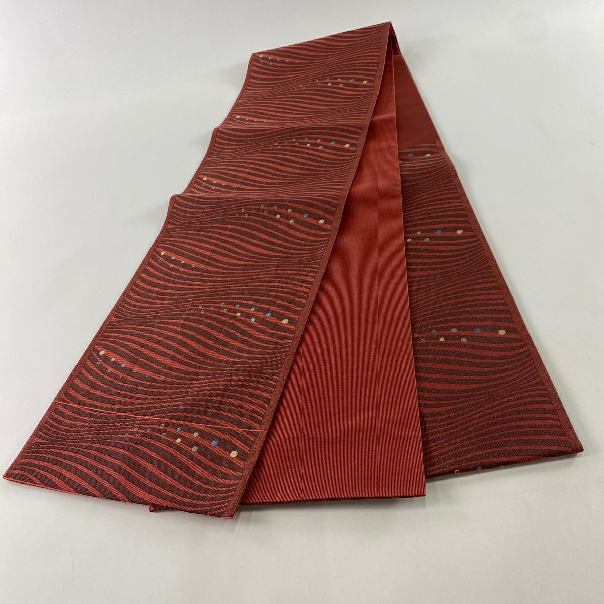 【美品】 袋帶 秀品級 幾何學 朱色 六通 純蠶絲
