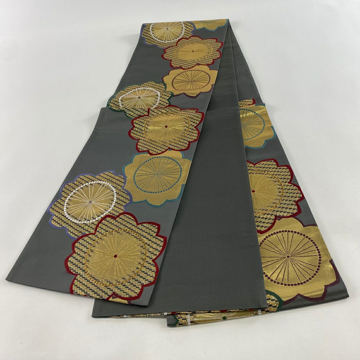 袋帶 秀品級 振袖禮服禮服用 櫻花 拉麵金金箔 金絲 灰色 六通 純蠶絲