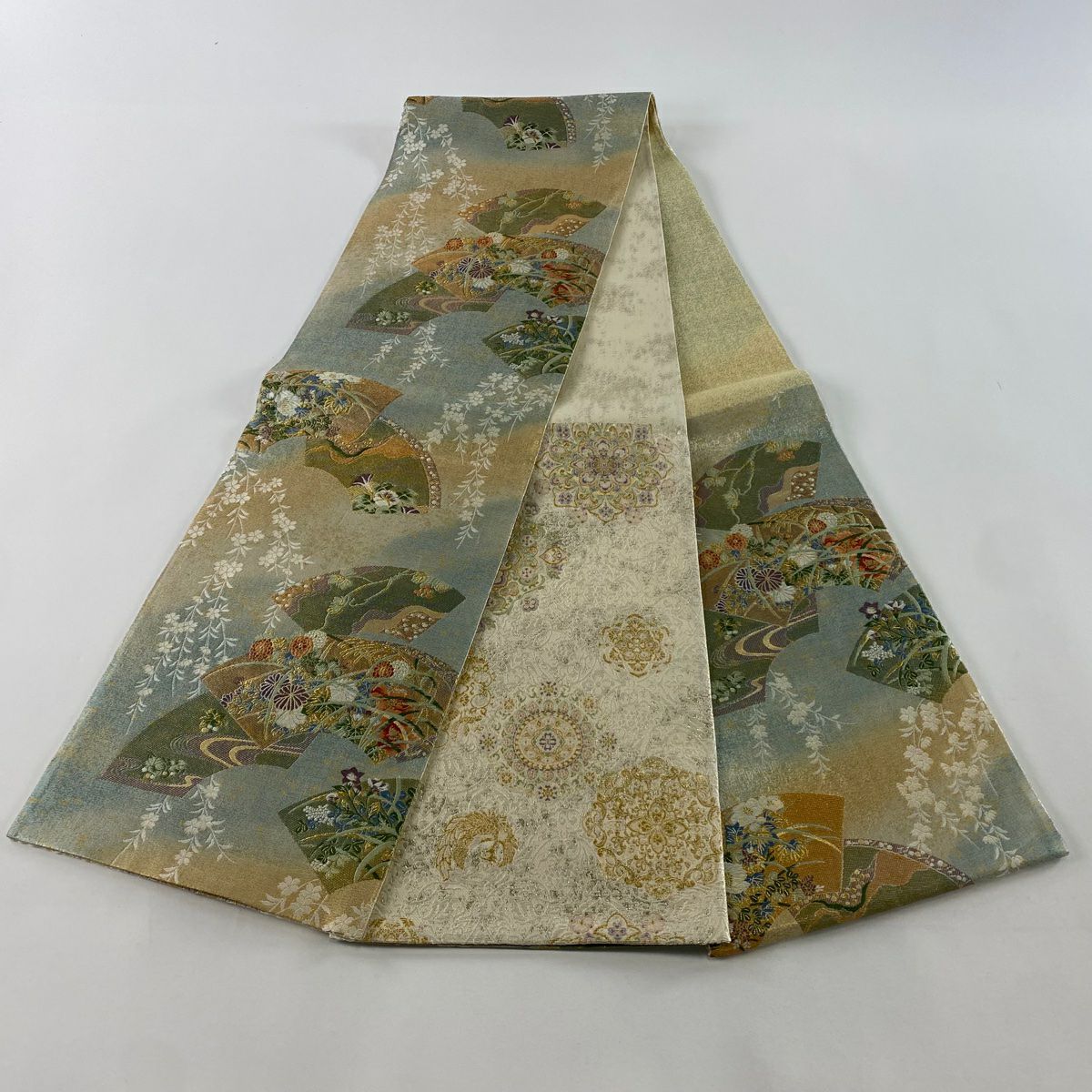 【庫存清倉】 【美品】 袋帶 名品級 雙面 扇子面 菊花花 金金箔 金絲 淺綠 六通 純蠶絲