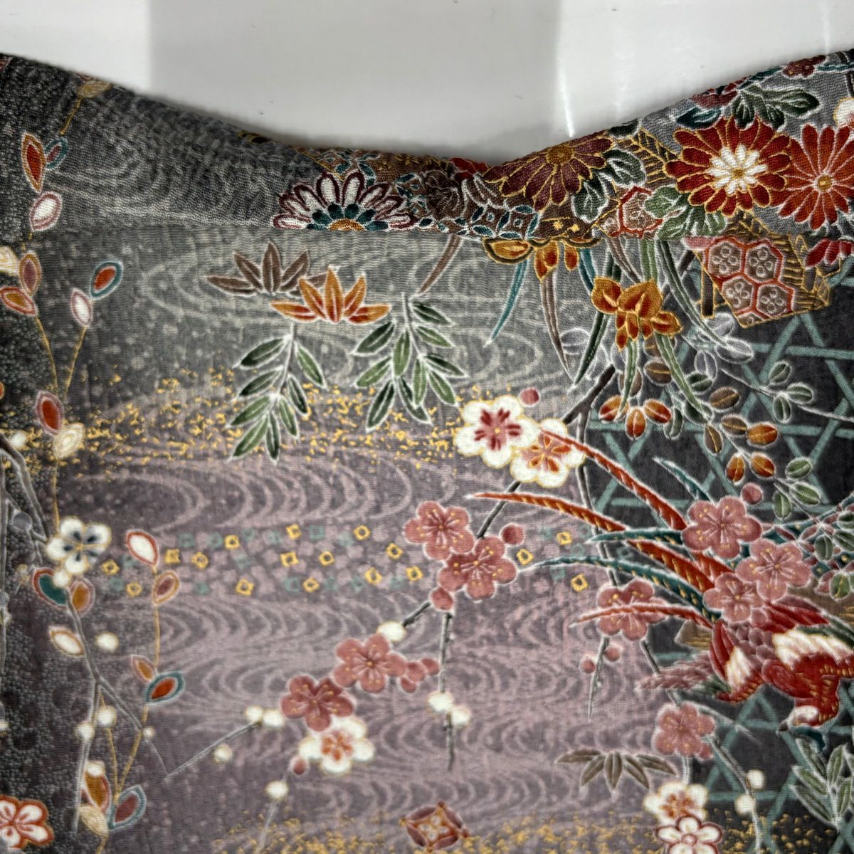 【美品】 小紋 身長163cm 袖長65.5cm M 雙層 草花紋紋 流水 金彩裝飾 灰紫 純蠶絲 秀品級