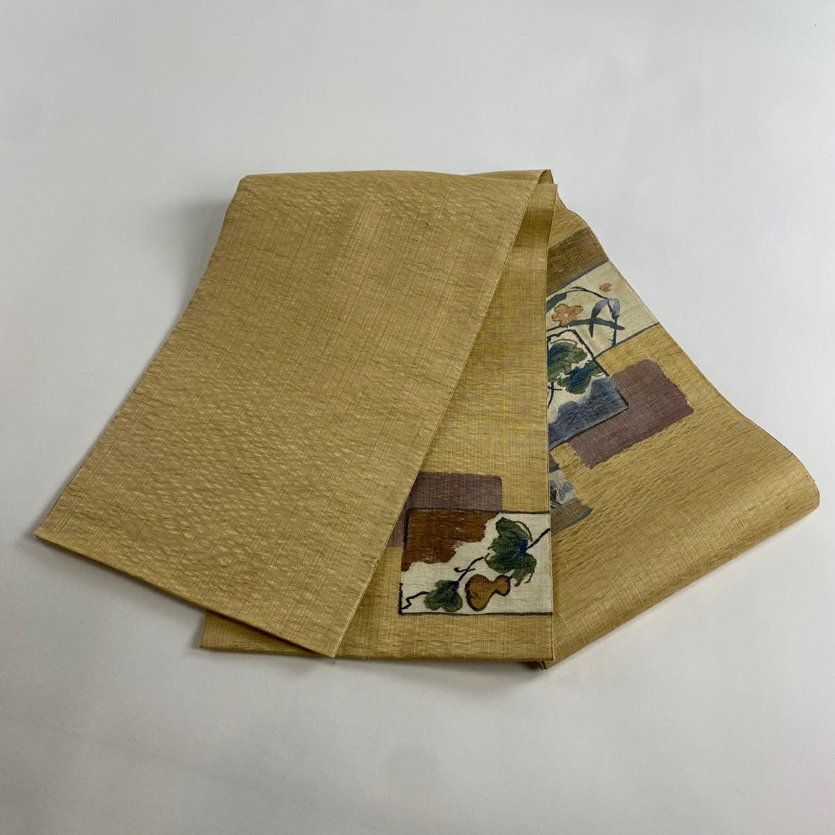 【美品】 袋帶 秀品級 瓢箪 草花紋 金糸 米色 お太鼓柄 純蠶絲