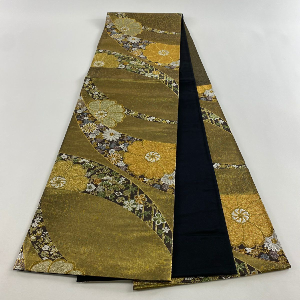 【美品】 袋帶 秀品級 青銅金金箔 松樹竹子梅花 菊花 金銀絲 金金箔 金茶 六通 純蠶絲