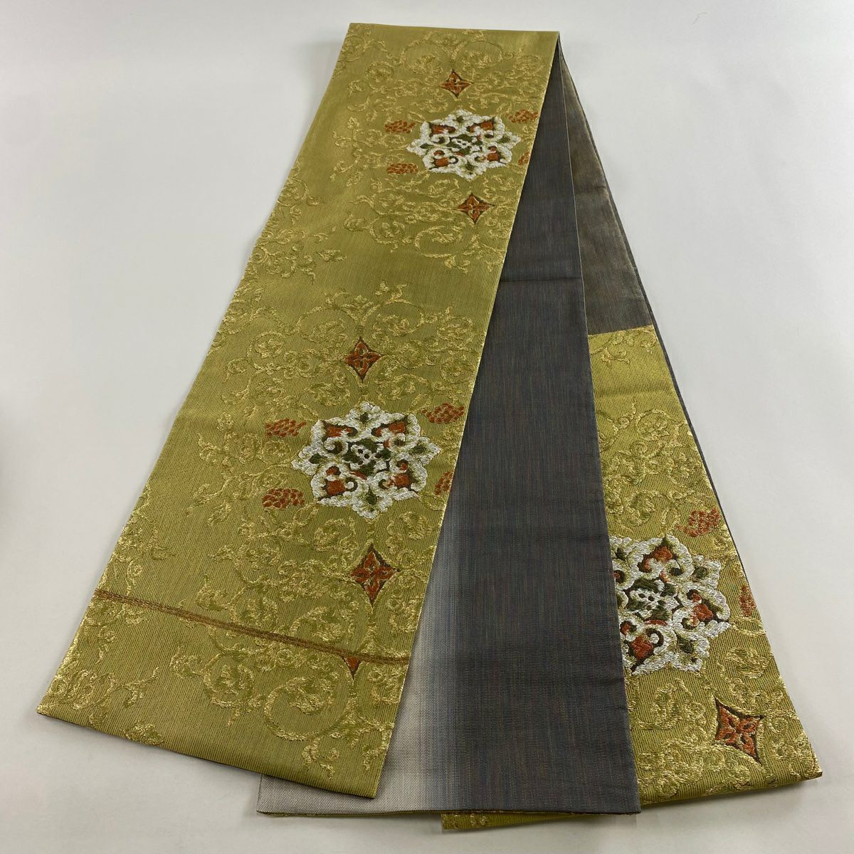 【庫存清倉】 【美品】 袋帶 名品級 華紋 花唐草紋 金金箔 抹茶 深綠 純蠶絲