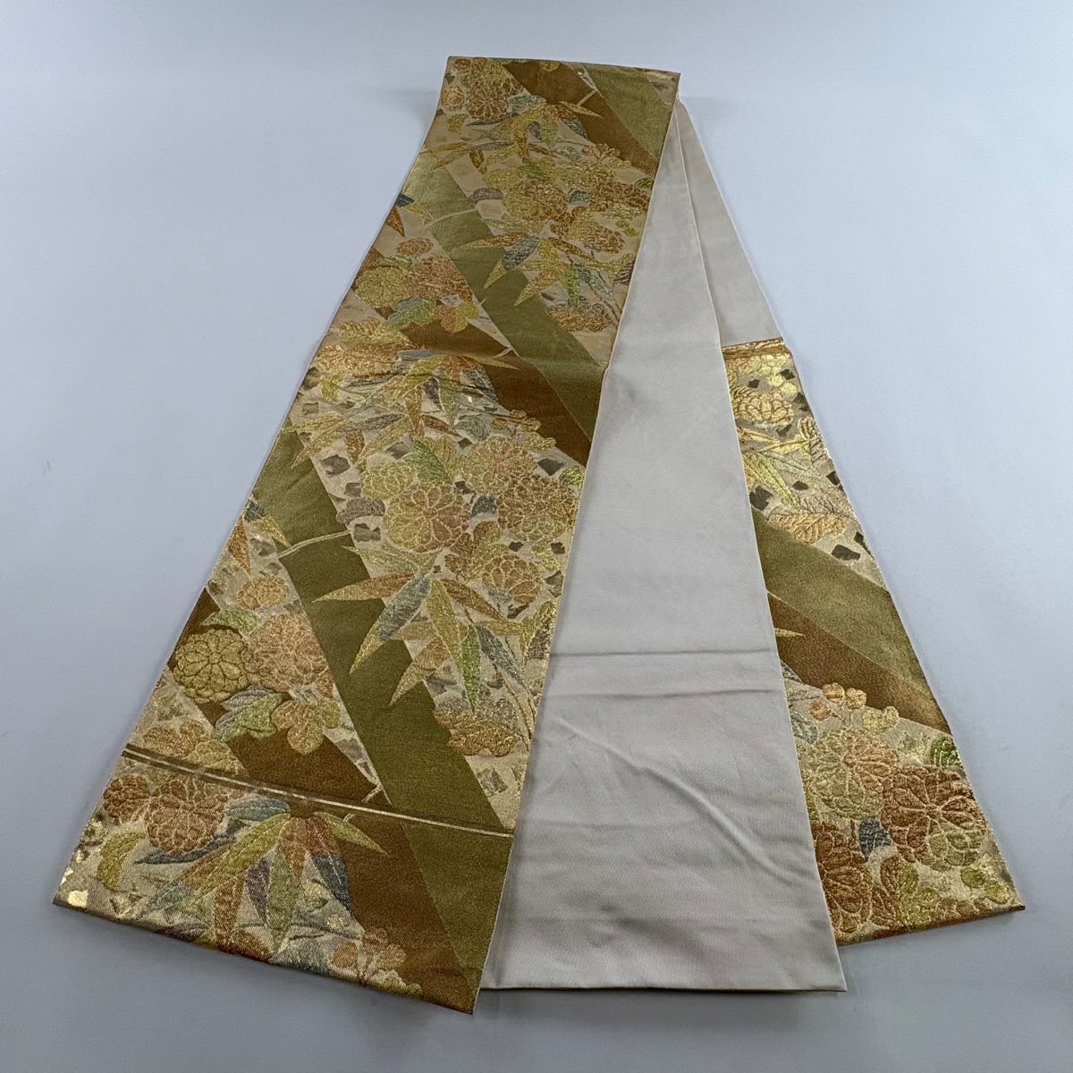 【庫存清倉】 袋帶 名品級 川島織物 有落款 菊花花 竹子葉 金絲 金金箔 金色 六通 純蠶絲