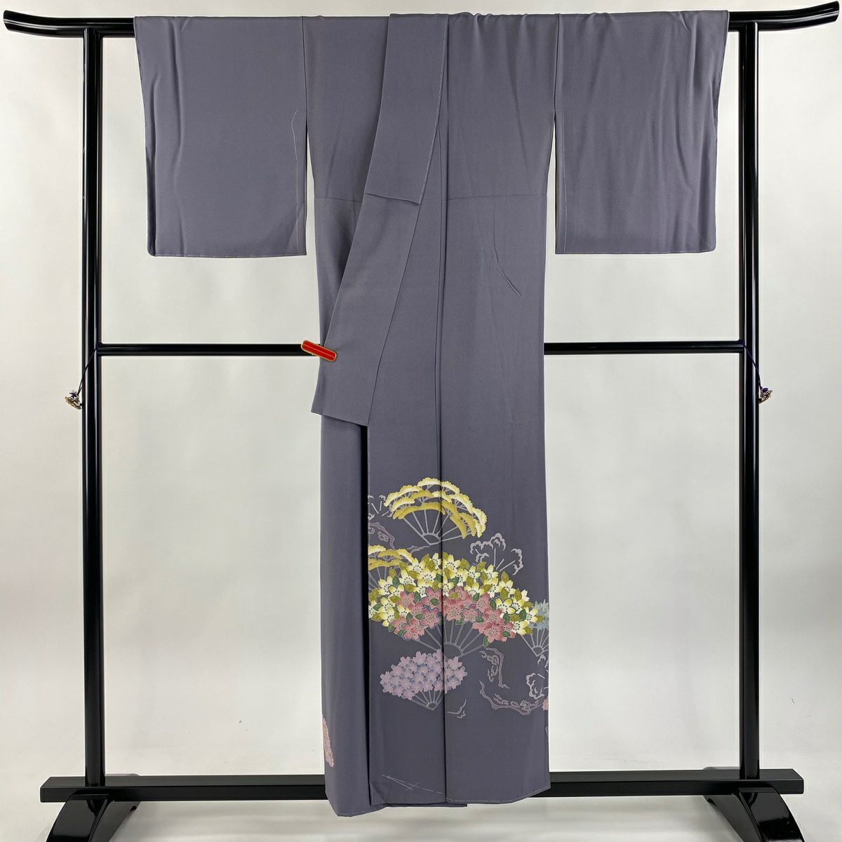 色留袖禮服 身長155cm 袖長64.5cm M 雙層 加賀友禪 中谷文彥 花之樹 落款あり 證書あり 花扇子 櫻 灰紫 純蠶絲 逸品級
