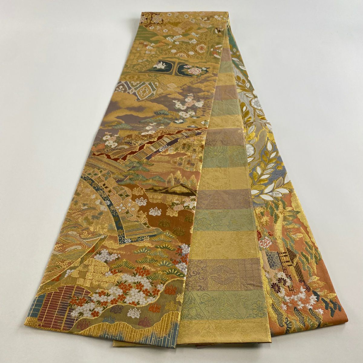 【美品】 袋帶 秀品級 花鳥 屏風 金絲 金金箔 金色 六通 純蠶絲
