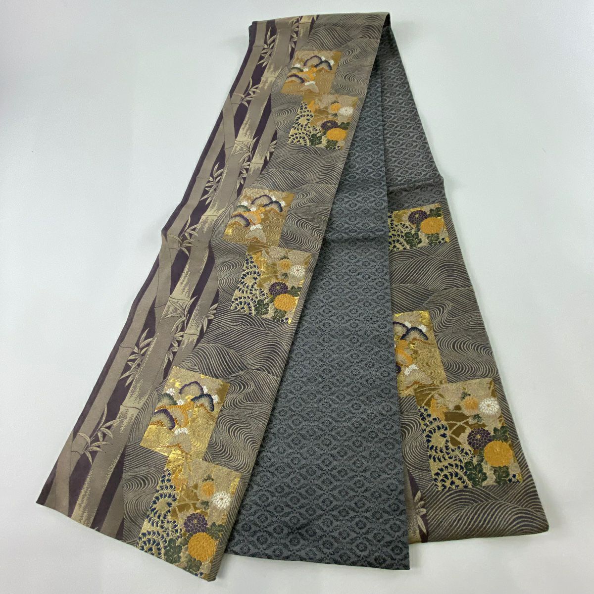 【美品】 袋帶 秀品級 色紙 菊花 金金箔 金絲 灰紫 六通 純蠶絲