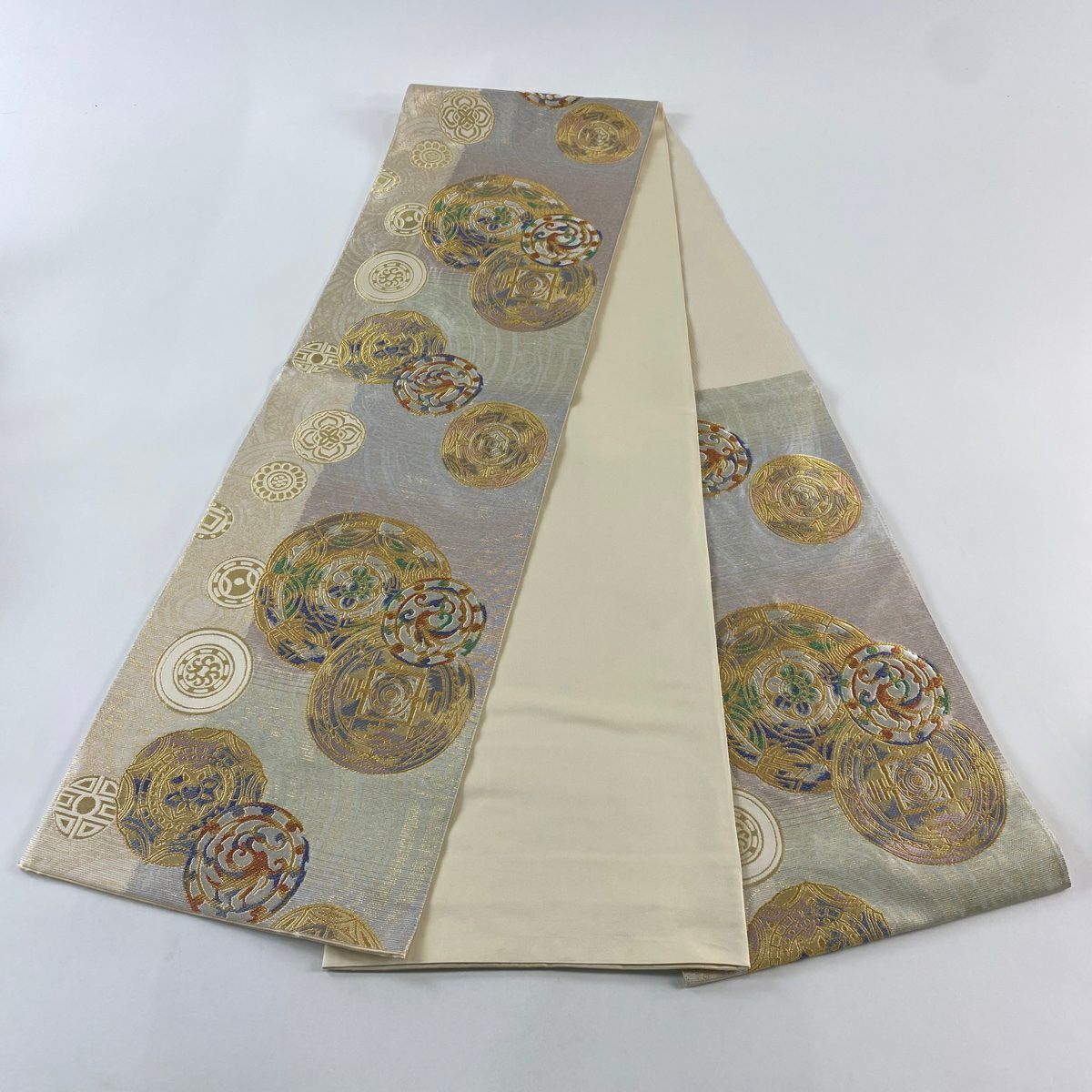 【庫存清倉】 【美品】 袋帶 名品級 じゅらく 有落款 圓紋 幾何學 金金箔 金銀線 奶油色 六通 純蠶絲