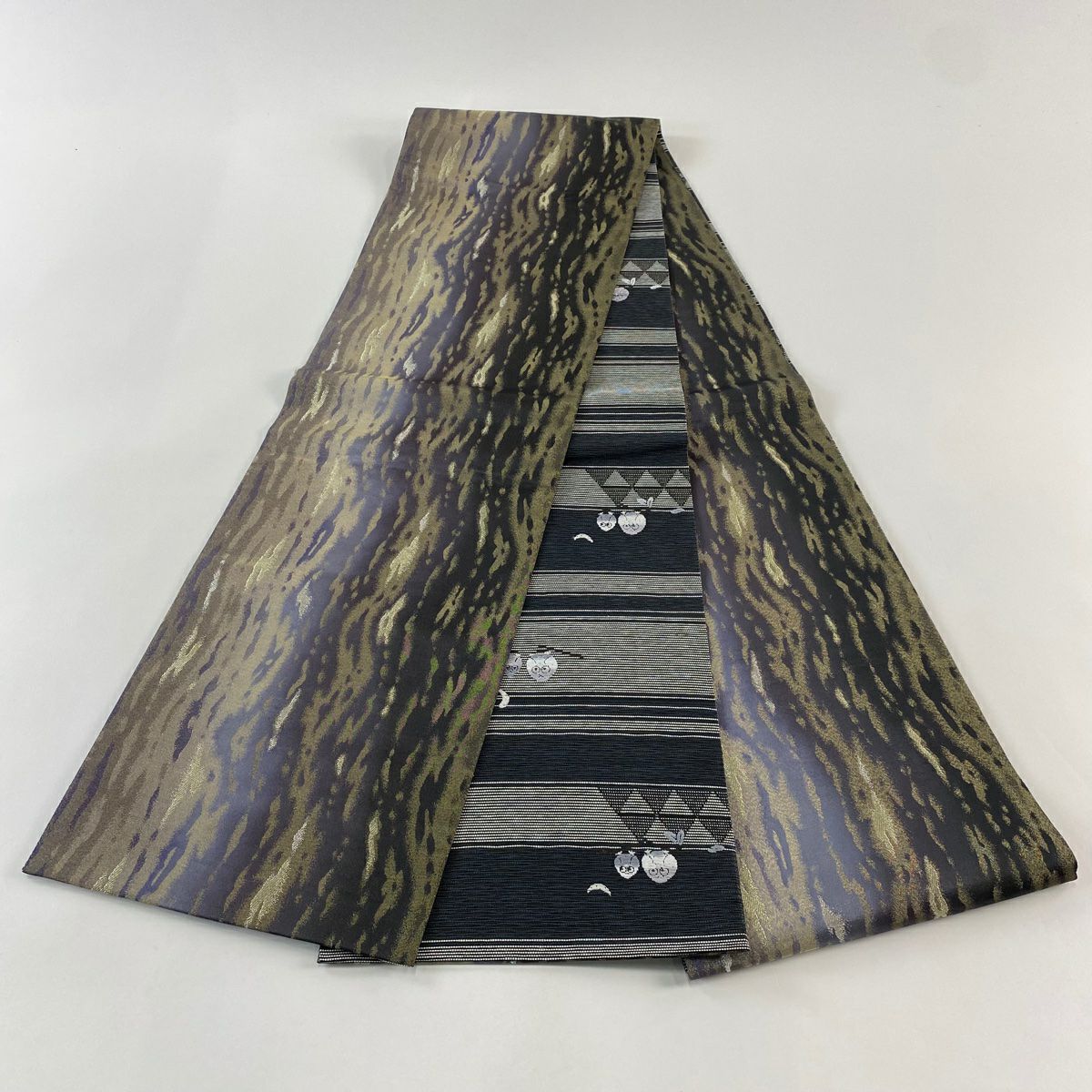 【庫存清倉】 【美品】 袋帶 名品級 霞 金銀絲 灰綠 全通 純蠶絲
