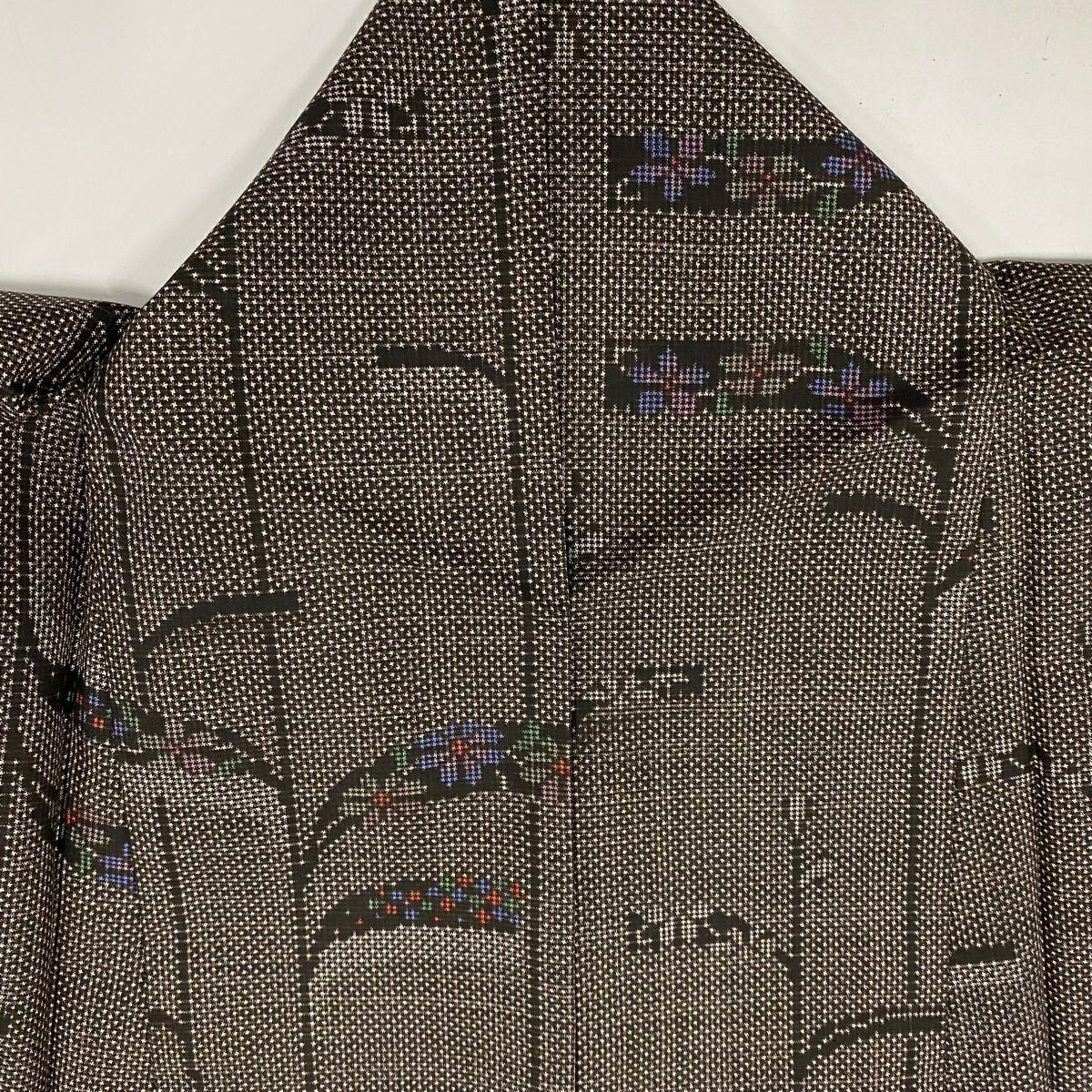 【美品】 紬織 身長155cm 袖長63cm S 雙層 草花紋紋 幾何學圖案 焦茶 純蠶絲 秀品級