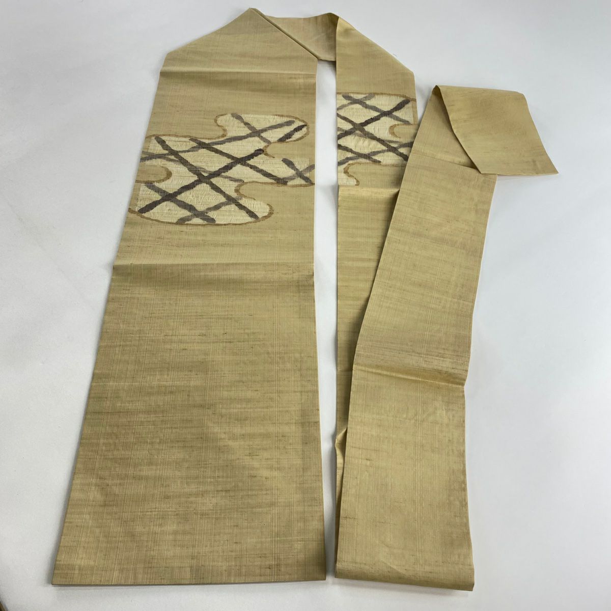 【美品】名古屋帶 優品級 紬織織 ヱ霞 幾何學 米色 純蠶絲